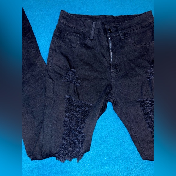 Black Distressed Distressing Mid Rise Gothic Goth Grunge Emo Skinny Jeans - Picture 2 of 6